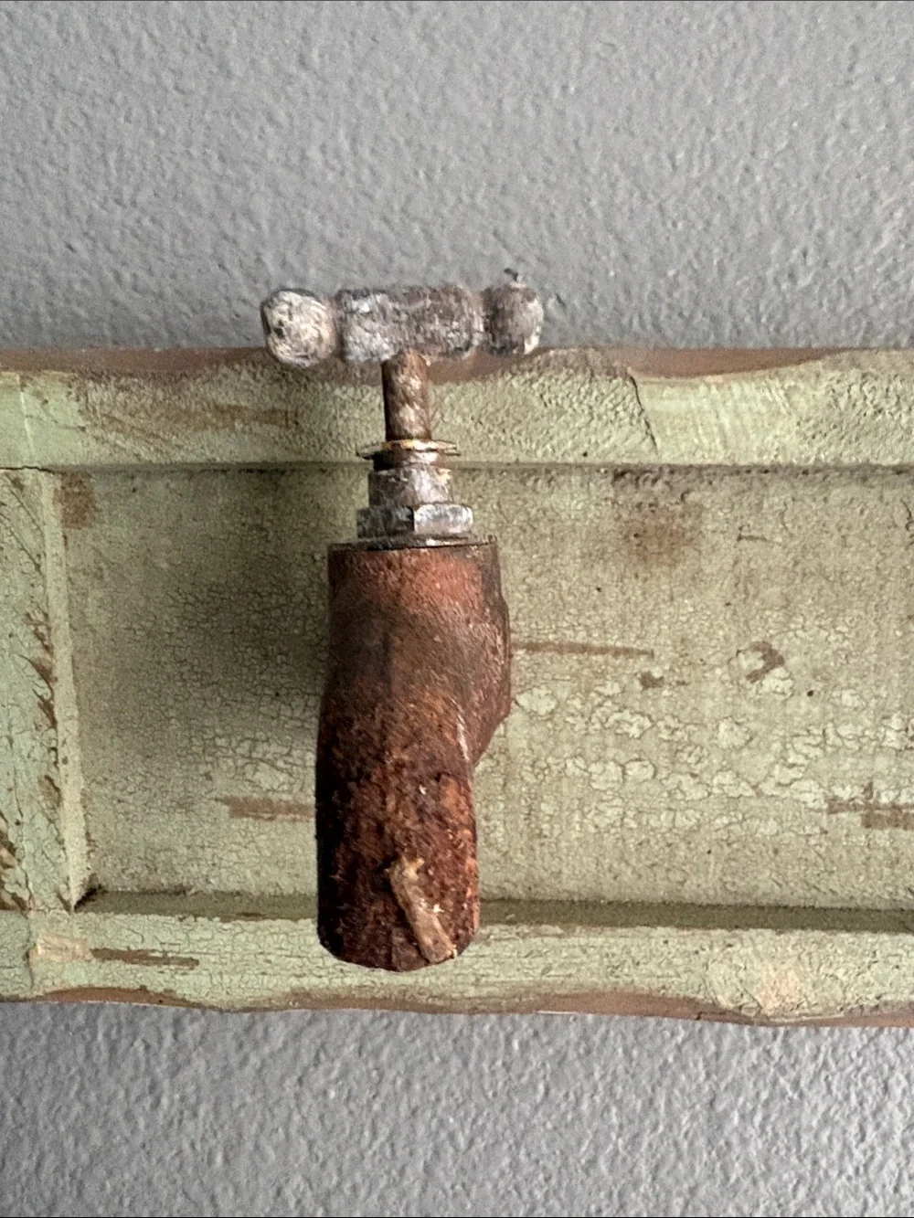 Distressed Green Wall Hook Rack with Faucet-Style Hooks
